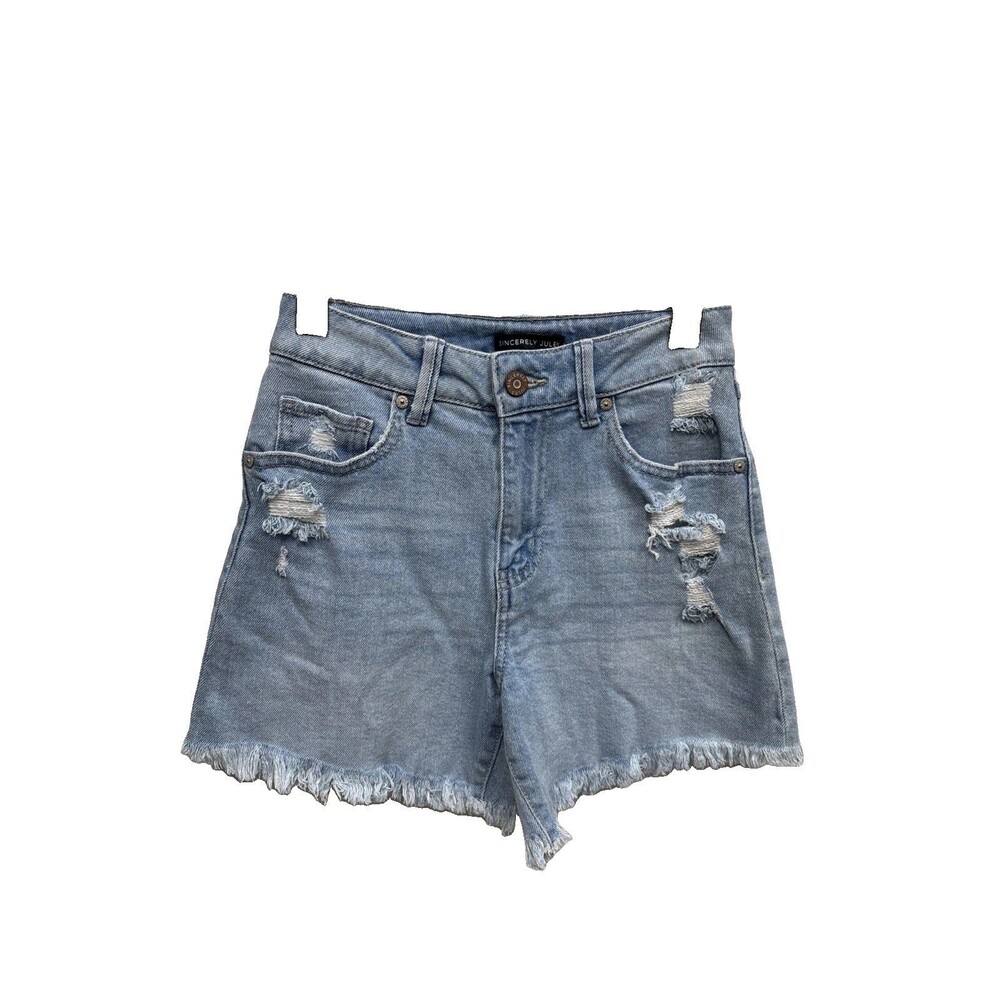 Sincerely Jules Women High Waisted Distressed Denim Shorts Light Wash 0 24” Zip